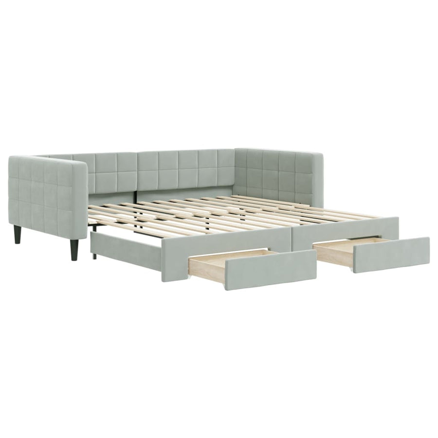 Slaapbank Onderschuifbed En Lades Fluweel 100 x 200 cm Lichtgrijs met onderschuifbed en lade