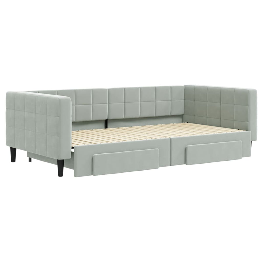 Slaapbank Onderschuifbed En Lades Fluweel 100 x 200 cm Lichtgrijs met onderschuifbed en lade