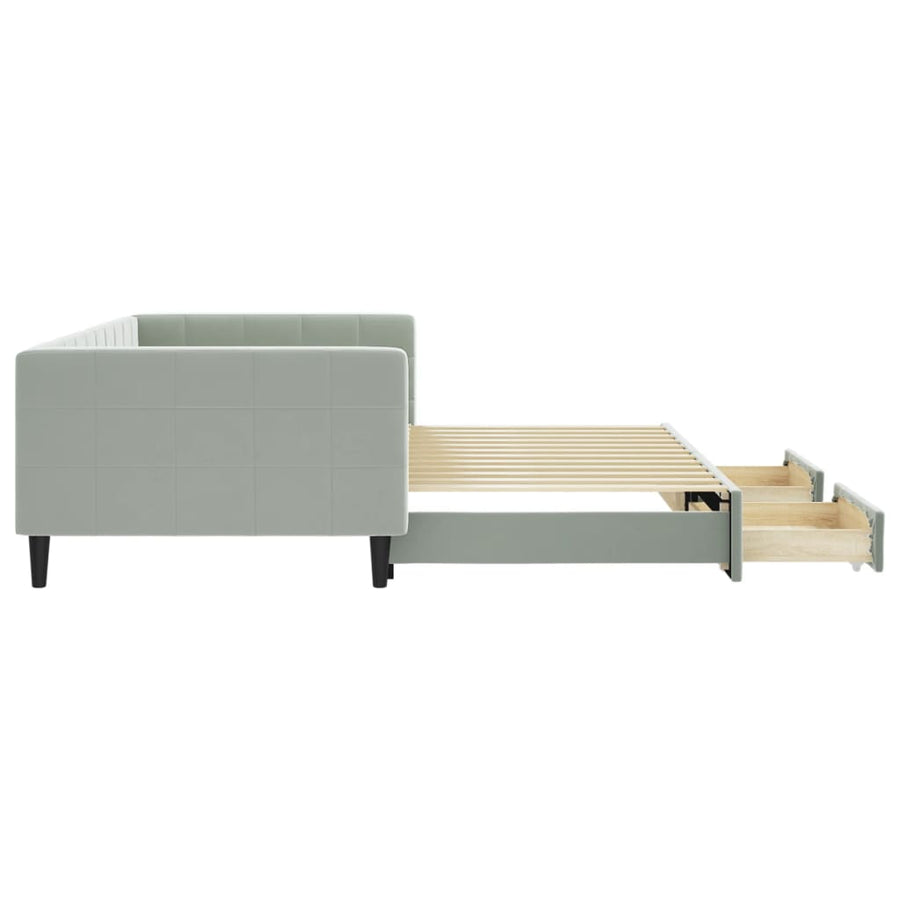 Slaapbank Onderschuifbed En Lades Fluweel 100 x 200 cm Lichtgrijs met onderschuifbed en lade