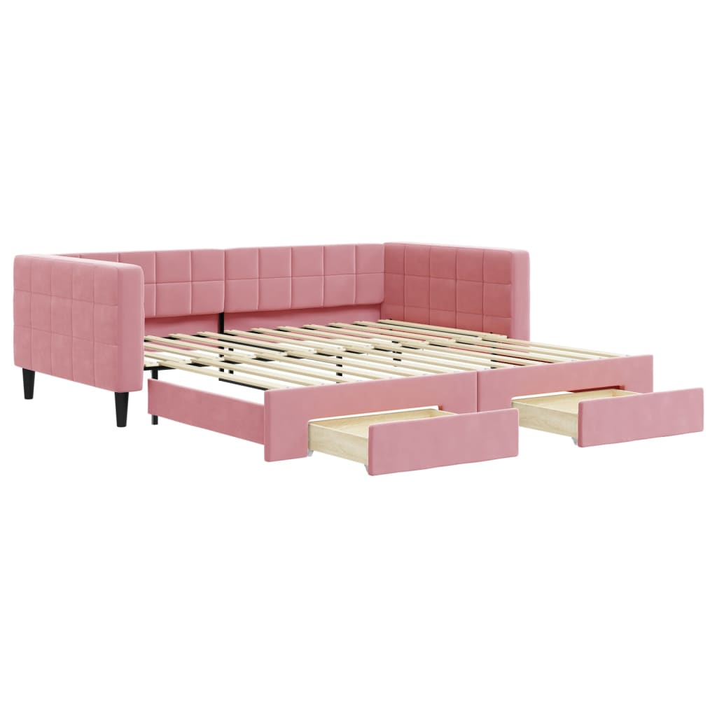 Slaapbank met onderschuifbed en lades 100x200 cm fluweel roze