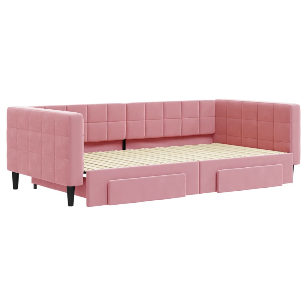 Slaapbank met onderschuifbed en lades 100x200 cm fluweel roze