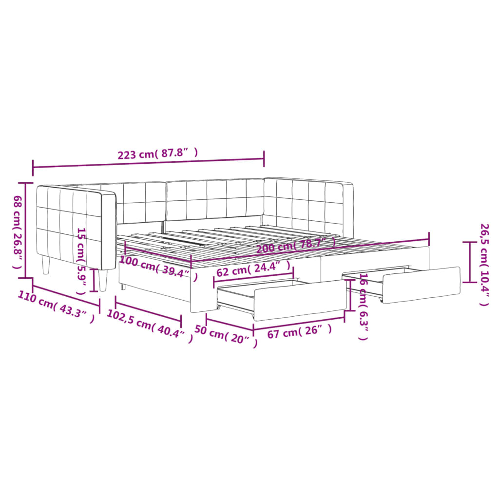 Slaapbank met onderschuifbed en lades 100x200 cm fluweel roze