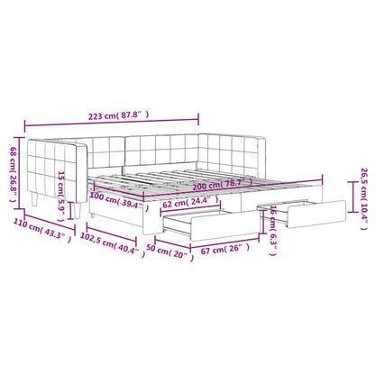 Slaapbank met onderschuifbed en lades 100x200 cm fluweel roze