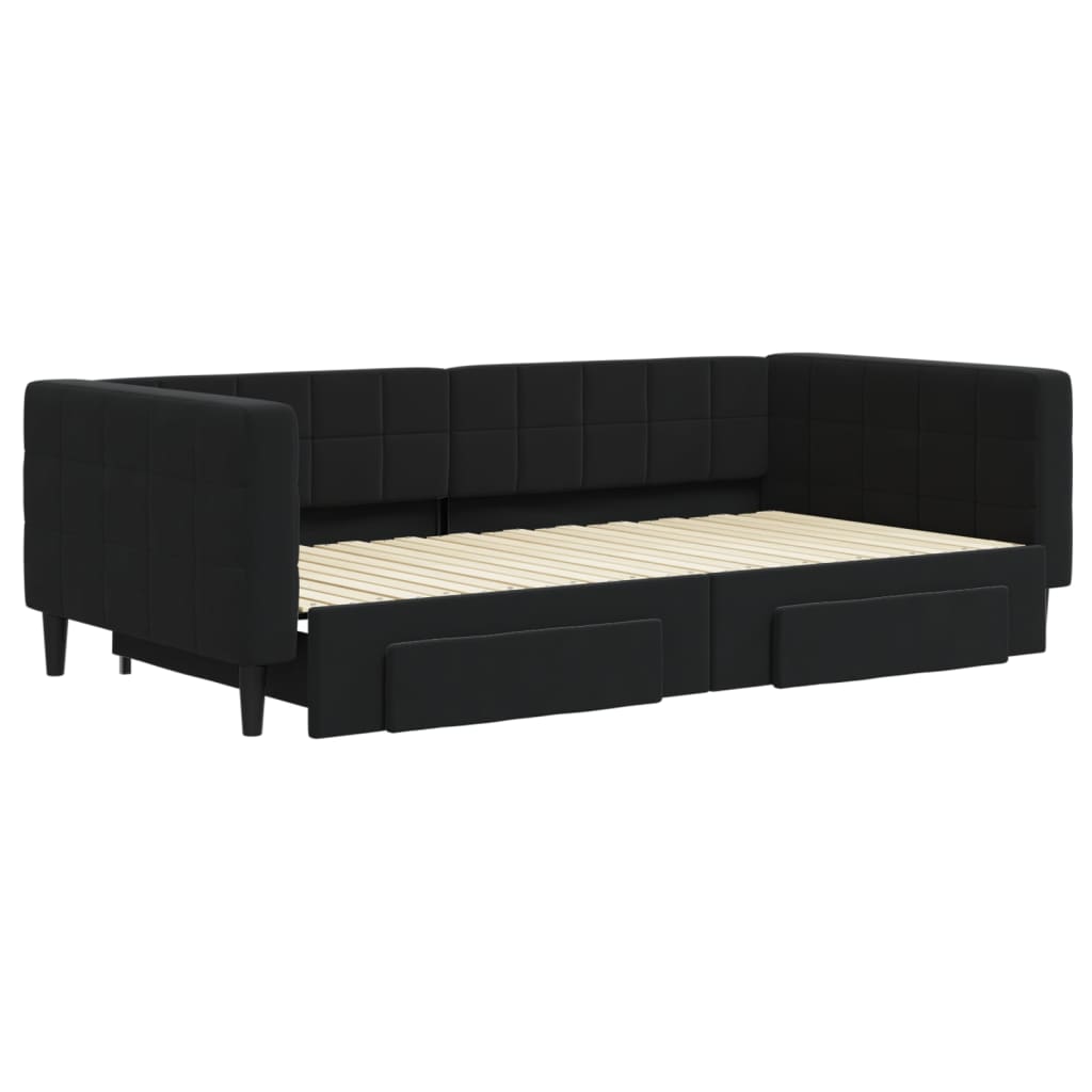 Slaapbank S Fluweel 100 x 200 cm Zwart met onderschuifbed en lade