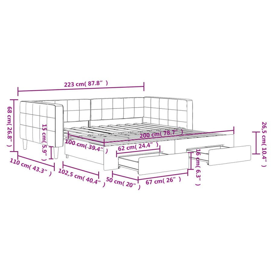 Slaapbank S Fluweel 100 x 200 cm Zwart met onderschuifbed en lade