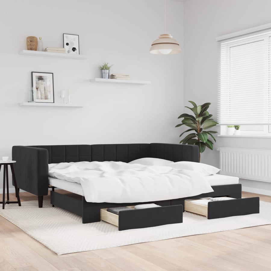 Slaapbank S Fluweel 100 x 200 cm Zwart met onderschuifbed en lade