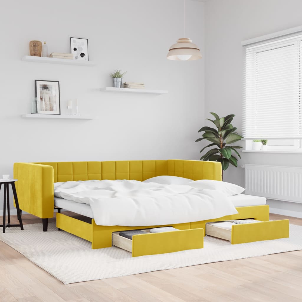 Slaapbank S Fluweel 100 x 200 cm Geel met onderschuifbed en lade