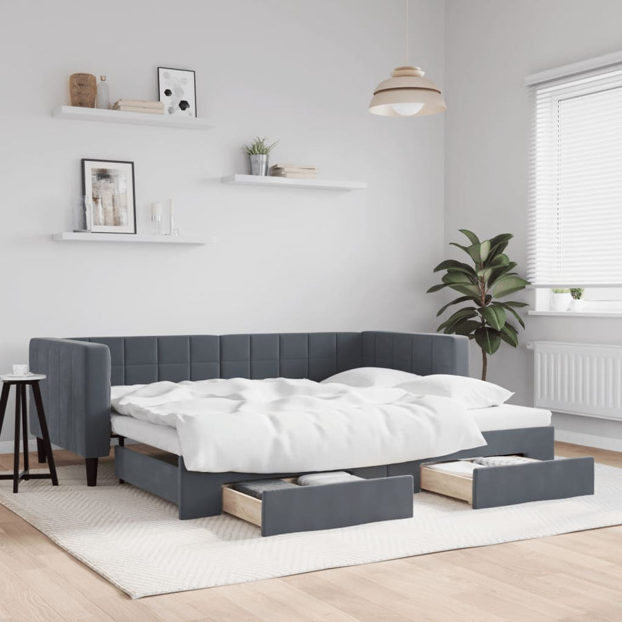 Slaapbank Onderschuifbed En Lades Fluweel 90 x 190 cm Donkergrijs