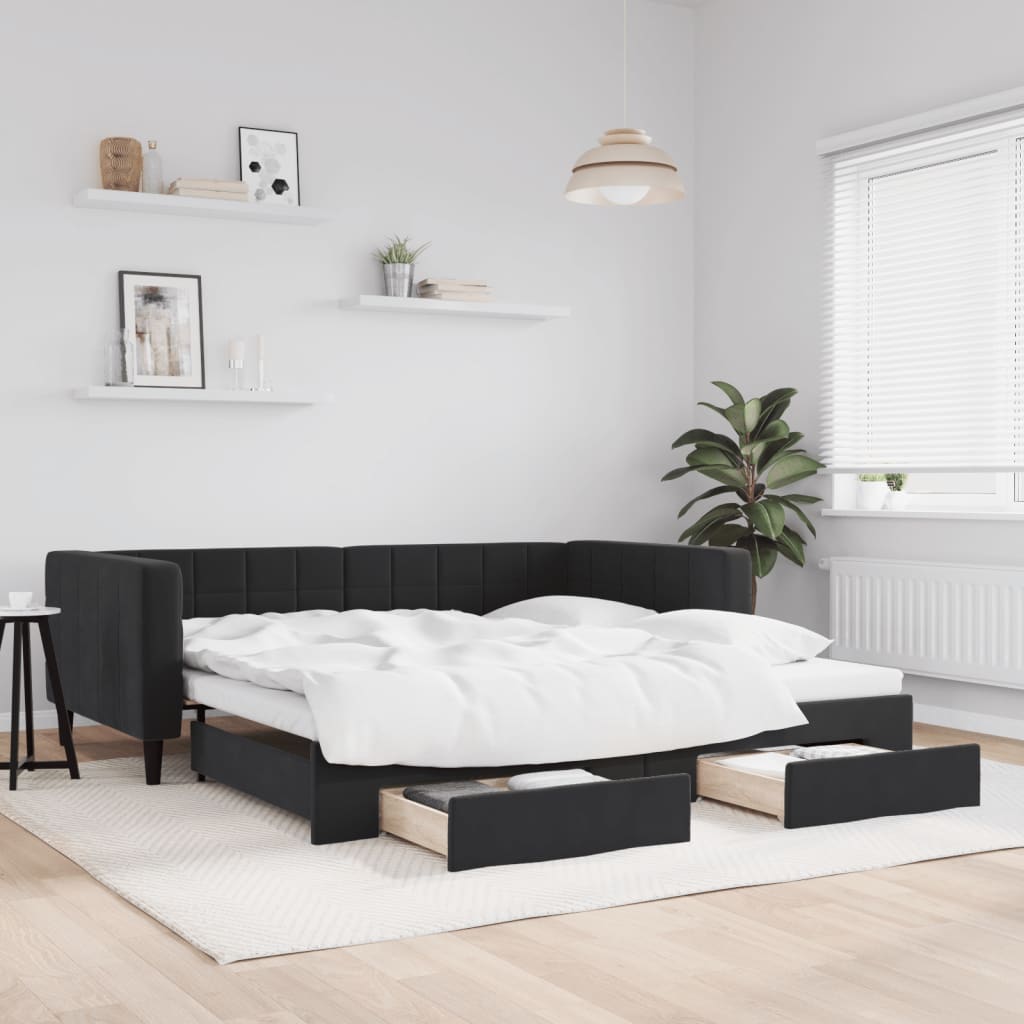 Slaapbank S Fluweel 90 x 190 cm Zwart met onderschuifbed en lade
