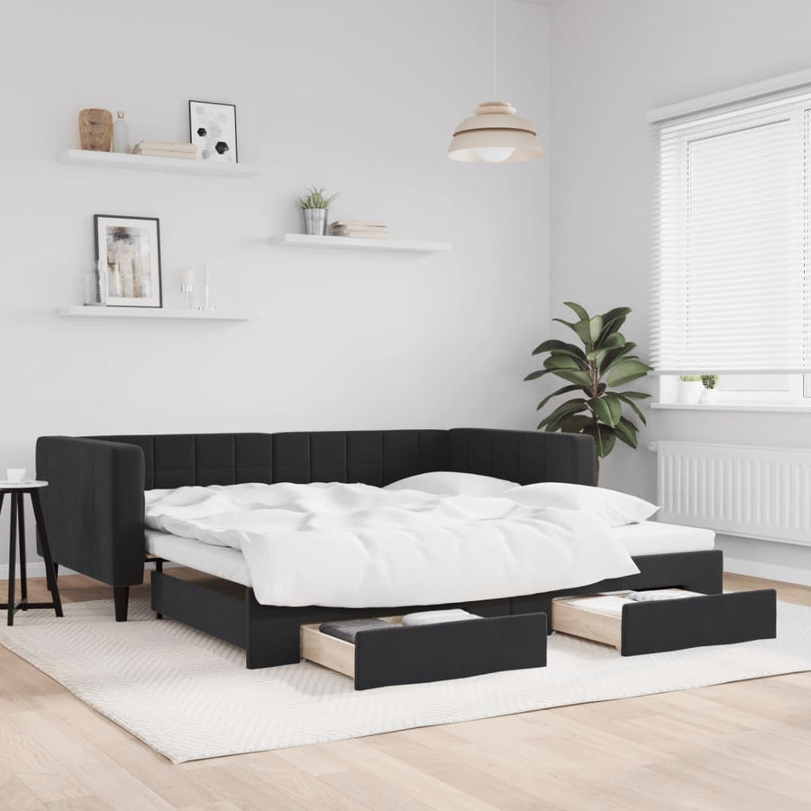 Slaapbank S Fluweel 90 x 190 cm Zwart met onderschuifbed en lade