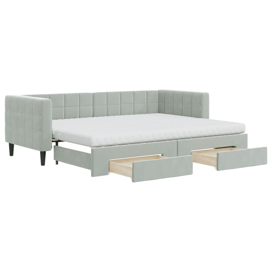 Slaapbank Onderschuifbed En Lades Fluweel 80 x 200 cm Lichtgrijs met onderschuifbed en lade en matras