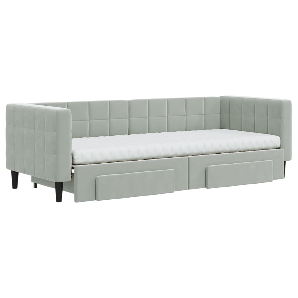 Slaapbank Onderschuifbed En Lades Fluweel 80 x 200 cm Lichtgrijs met onderschuifbed en lade en matras