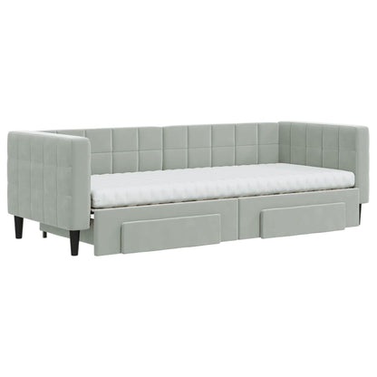 Slaapbank Onderschuifbed En Lades Fluweel 80 x 200 cm Lichtgrijs met onderschuifbed en lade en matras