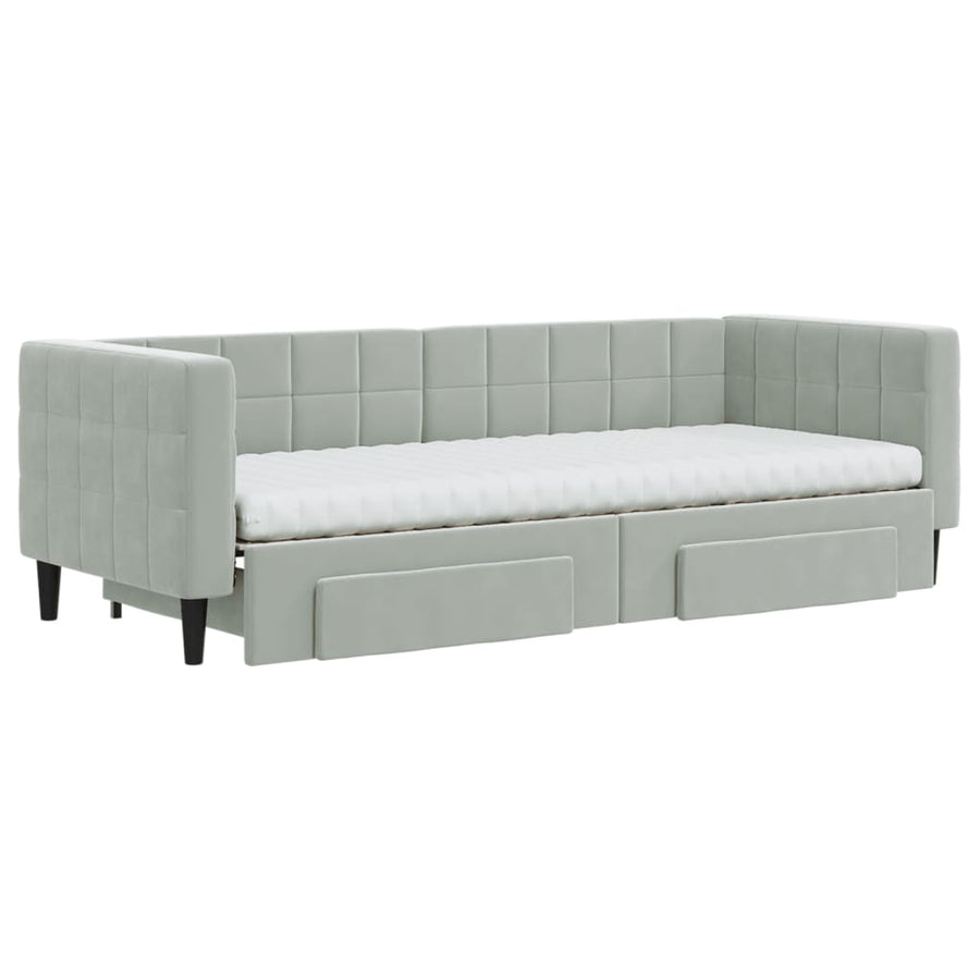 Slaapbank Onderschuifbed En Lades Fluweel 80 x 200 cm Lichtgrijs met onderschuifbed en lade en matras