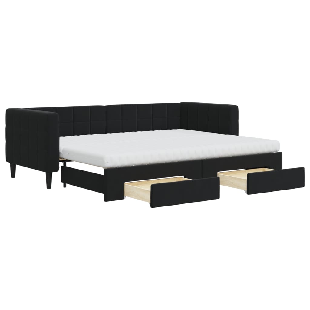 Slaapbank Met Onderschuifbed En Lades Fluweel 80 x 200 cm Zwart met onderschuifbed en lade en matras