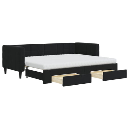 Slaapbank Met Onderschuifbed En Lades Fluweel 80 x 200 cm Zwart met onderschuifbed en lade en matras
