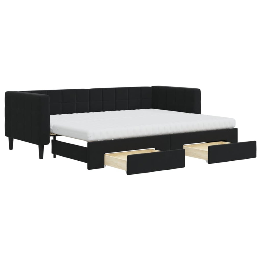 Slaapbank Met Onderschuifbed En Lades Fluweel 80 x 200 cm Zwart met onderschuifbed en lade en matras