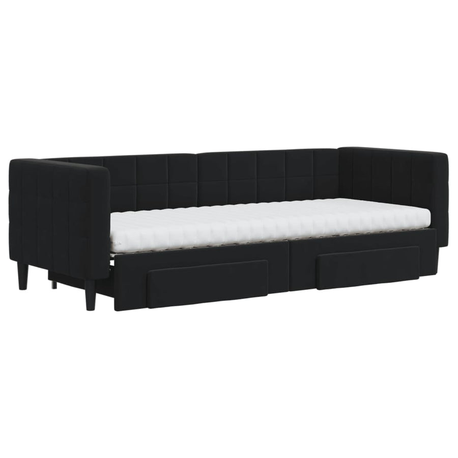 Slaapbank Met Onderschuifbed En Lades Fluweel 80 x 200 cm Zwart met onderschuifbed en lade en matras