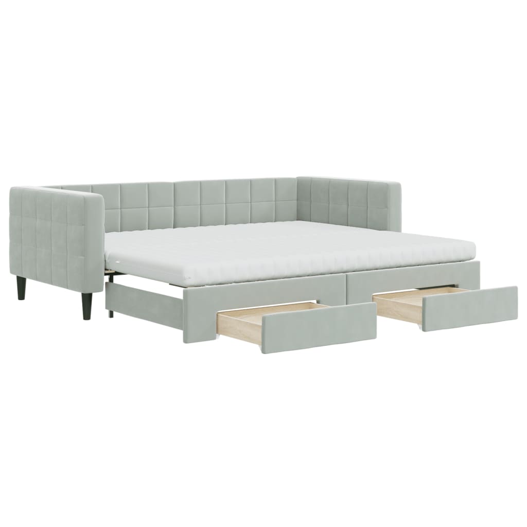 Slaapbank Onderschuifbed En Lades Fluweel 90 x 200 cm Lichtgrijs met onderschuifbed en lade en matras