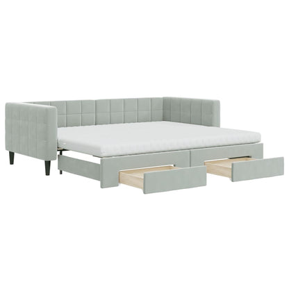Slaapbank Onderschuifbed En Lades Fluweel 90 x 200 cm Lichtgrijs met onderschuifbed en lade en matras