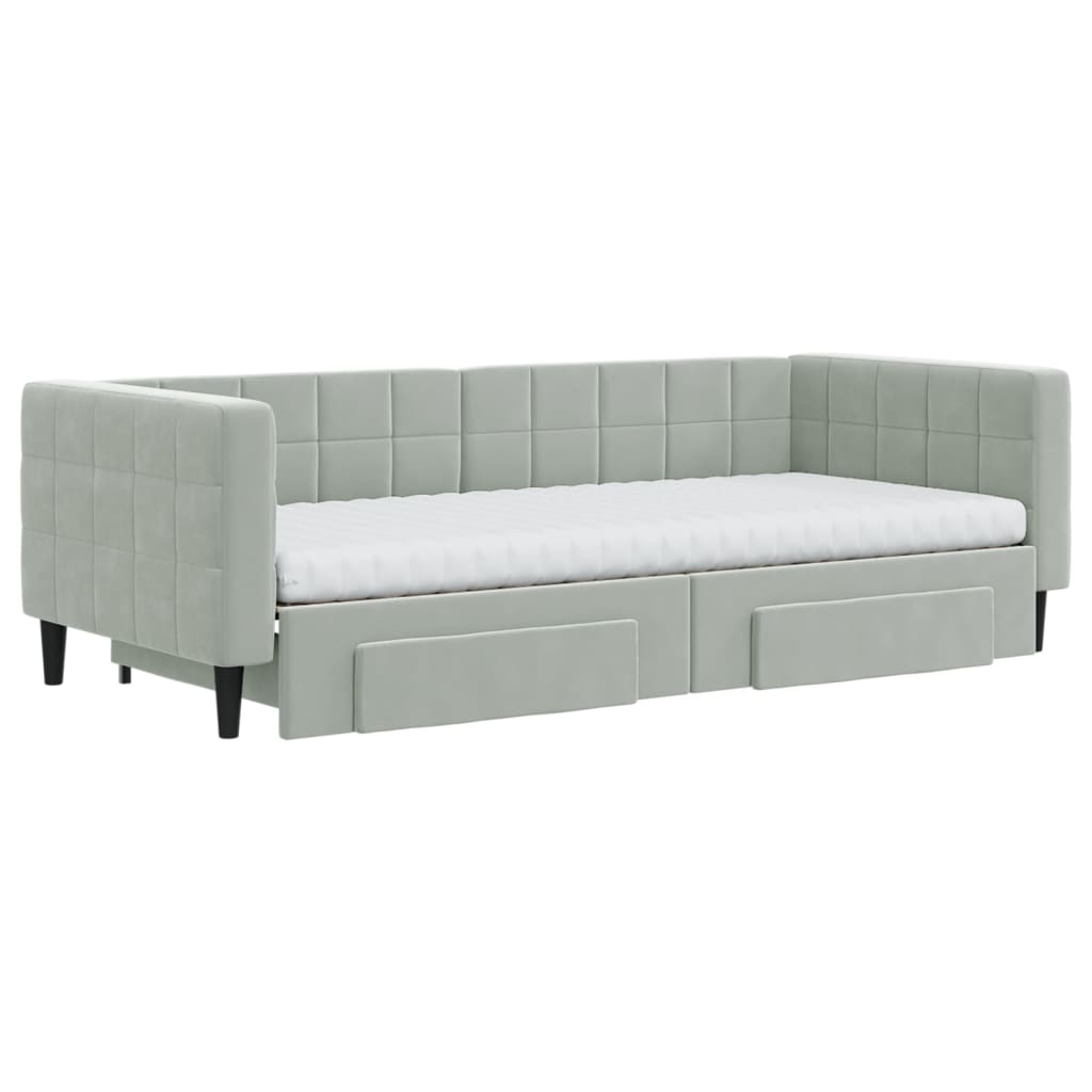 Slaapbank Onderschuifbed En Lades Fluweel 90 x 200 cm Lichtgrijs met onderschuifbed en lade en matras