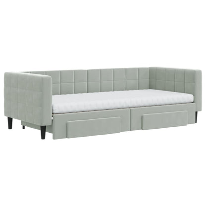 Slaapbank Onderschuifbed En Lades Fluweel 90 x 200 cm Lichtgrijs met onderschuifbed en lade en matras