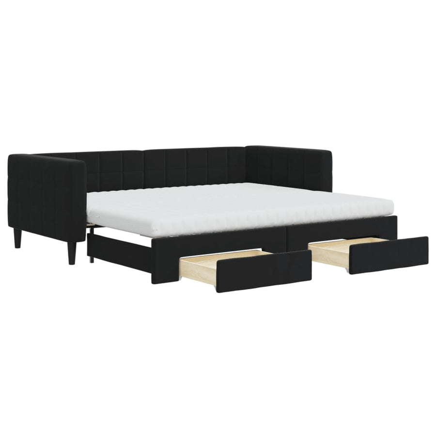 Slaapbank Met Onderschuifbed En Lades Fluweel 90 x 200 cm Zwart met onderschuifbed en lade en matras