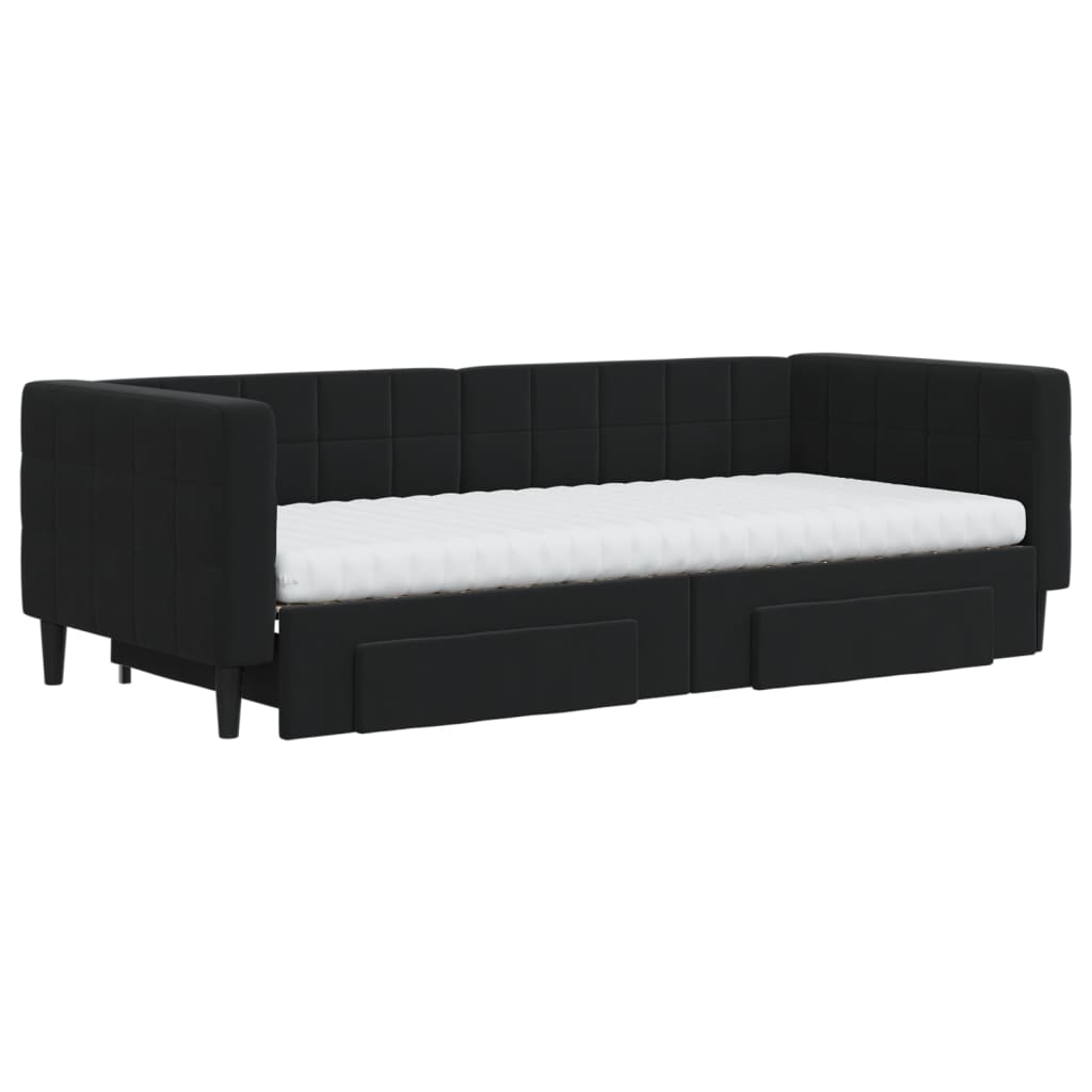 Slaapbank Met Onderschuifbed En Lades Fluweel 90 x 200 cm Zwart met onderschuifbed en lade en matras