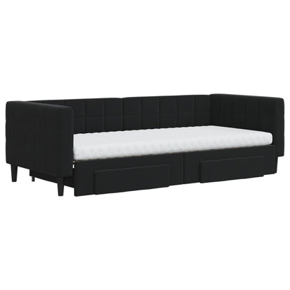 Slaapbank Met Onderschuifbed En Lades Fluweel 90 x 200 cm Zwart met onderschuifbed en lade en matras