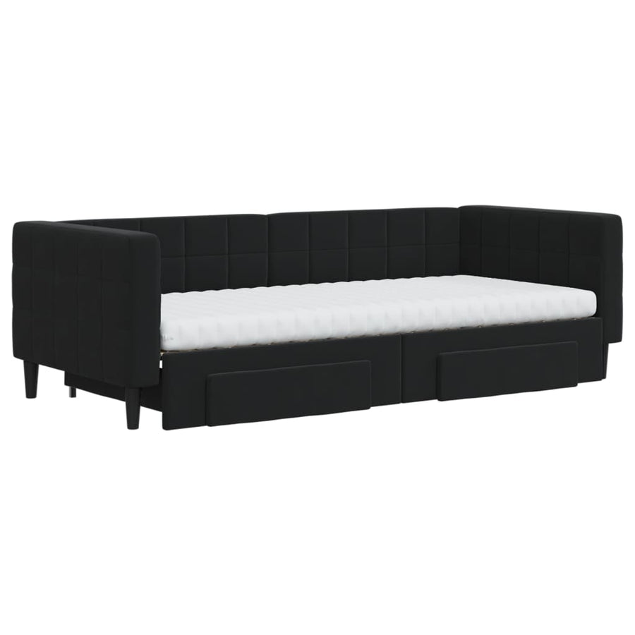 Slaapbank Met Onderschuifbed En Lades Fluweel 90 x 200 cm Zwart met onderschuifbed en lade en matras