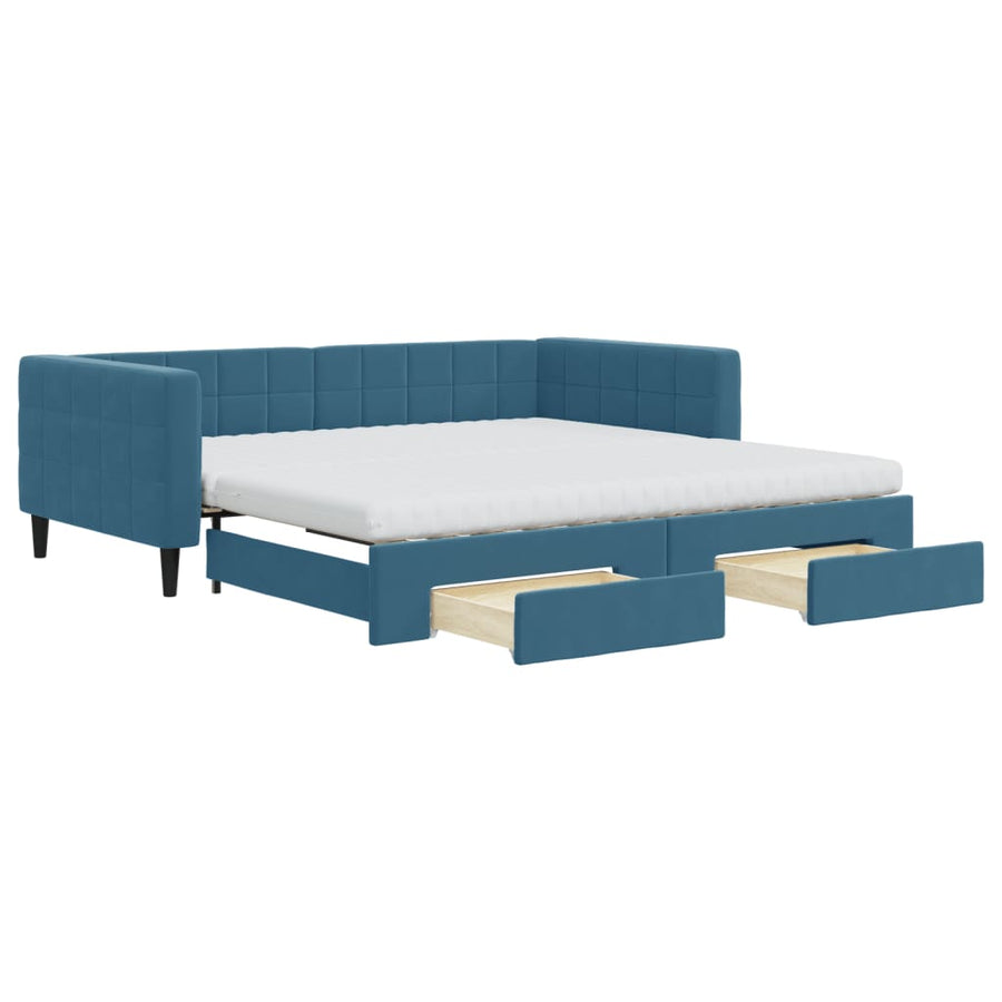 Slaapbank Met Onderschuifbed En Lades Fluweel 100 x 200 cm Blauw met onderschuifbed en lade en matras