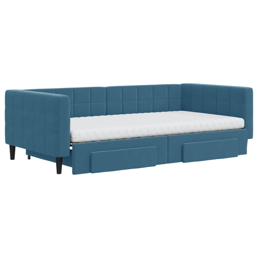 Slaapbank Met Onderschuifbed En Lades Fluweel 100 x 200 cm Blauw met onderschuifbed en lade en matras