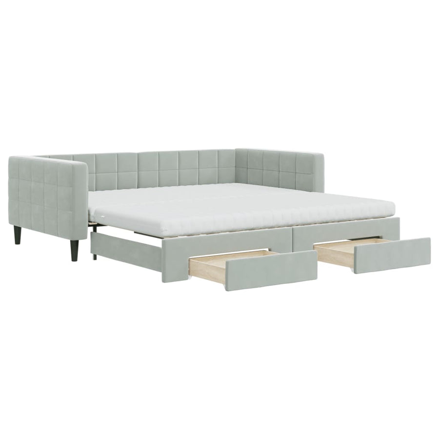 Slaapbank Onderschuifbed En Lades Fluweel 100 x 200 cm Lichtgrijs met onderschuifbed en lade en matras