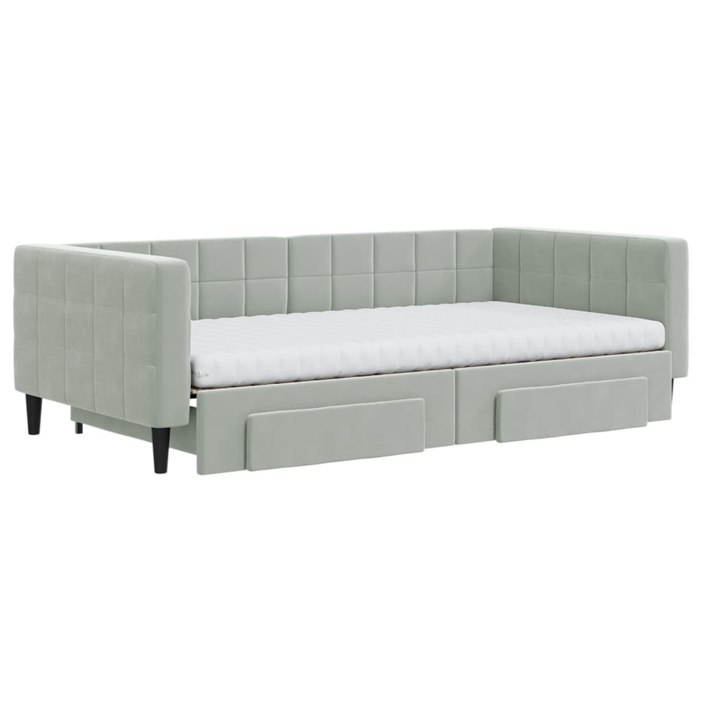 Slaapbank Onderschuifbed En Lades Fluweel 100 x 200 cm Lichtgrijs met onderschuifbed en lade en matras