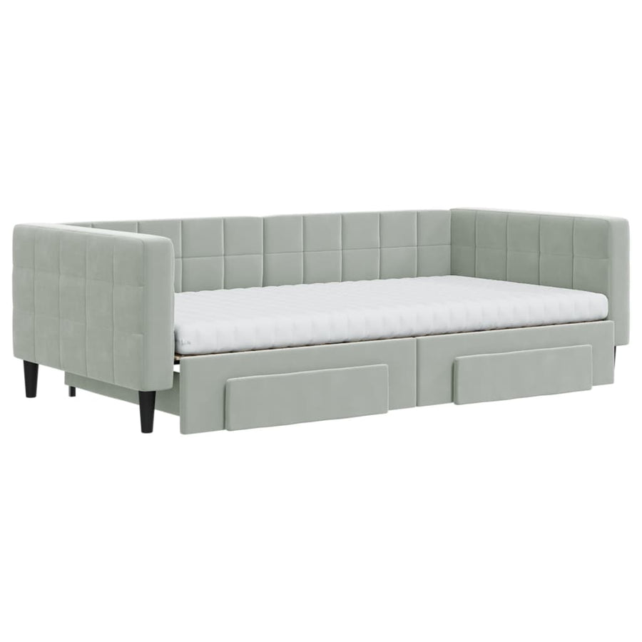 Slaapbank Onderschuifbed En Lades Fluweel 100 x 200 cm Lichtgrijs met onderschuifbed en lade en matras