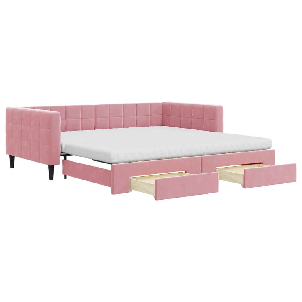 Slaapbank met onderschuifbed en lades 100x200 cm fluweel roze