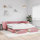 Slaapbank Met Onderschuifbed En Lades 100X200 Cm Fluweel Roze Roze 100 x 200 cm met onderschuifbed en lade en matras