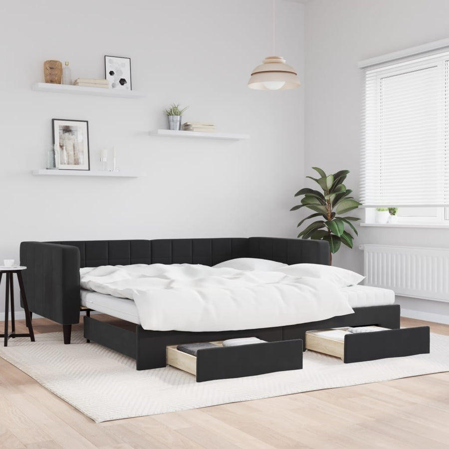 Slaapbank met onderschuifbed en lades 100x200 cm fluweel zwart 100 x 200 cm Zwart