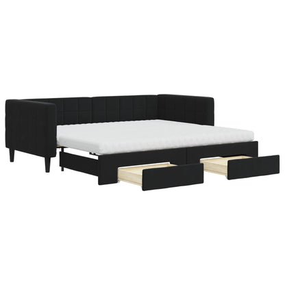 Slaapbank Met Onderschuifbed En Lades Fluweel 90 x 190 cm Zwart met onderschuifbed en lade en matras