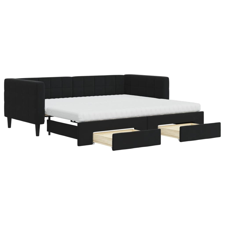 Slaapbank Met Onderschuifbed En Lades Fluweel 90 x 190 cm Zwart met onderschuifbed en lade en matras