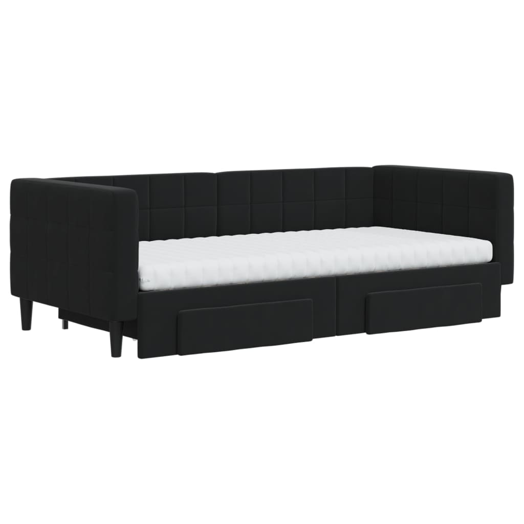 Slaapbank Met Onderschuifbed En Lades Fluweel 90 x 190 cm Zwart met onderschuifbed en lade en matras