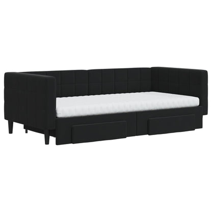 Slaapbank Met Onderschuifbed En Lades Fluweel 90 x 190 cm Zwart met onderschuifbed en lade en matras