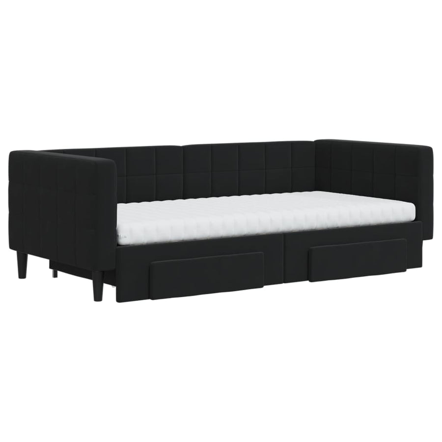 Slaapbank Met Onderschuifbed En Lades Fluweel 90 x 190 cm Zwart met onderschuifbed en lade en matras