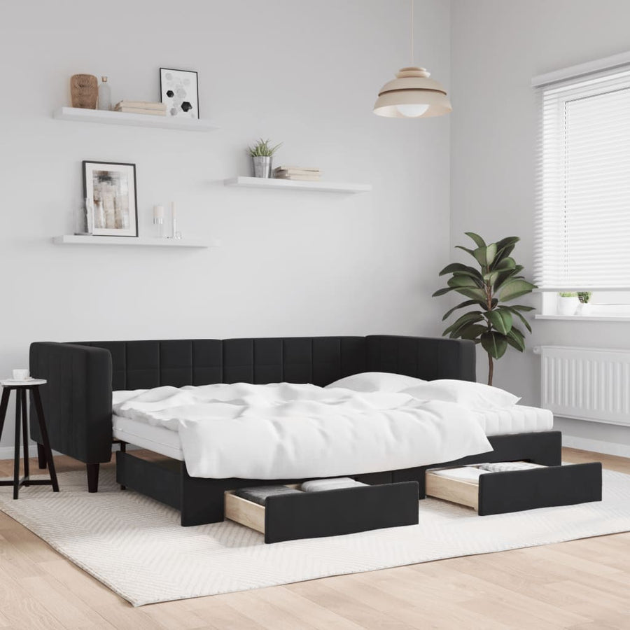 Slaapbank Met Onderschuifbed En Lades Fluweel 90 x 190 cm Zwart met onderschuifbed en lade en matras