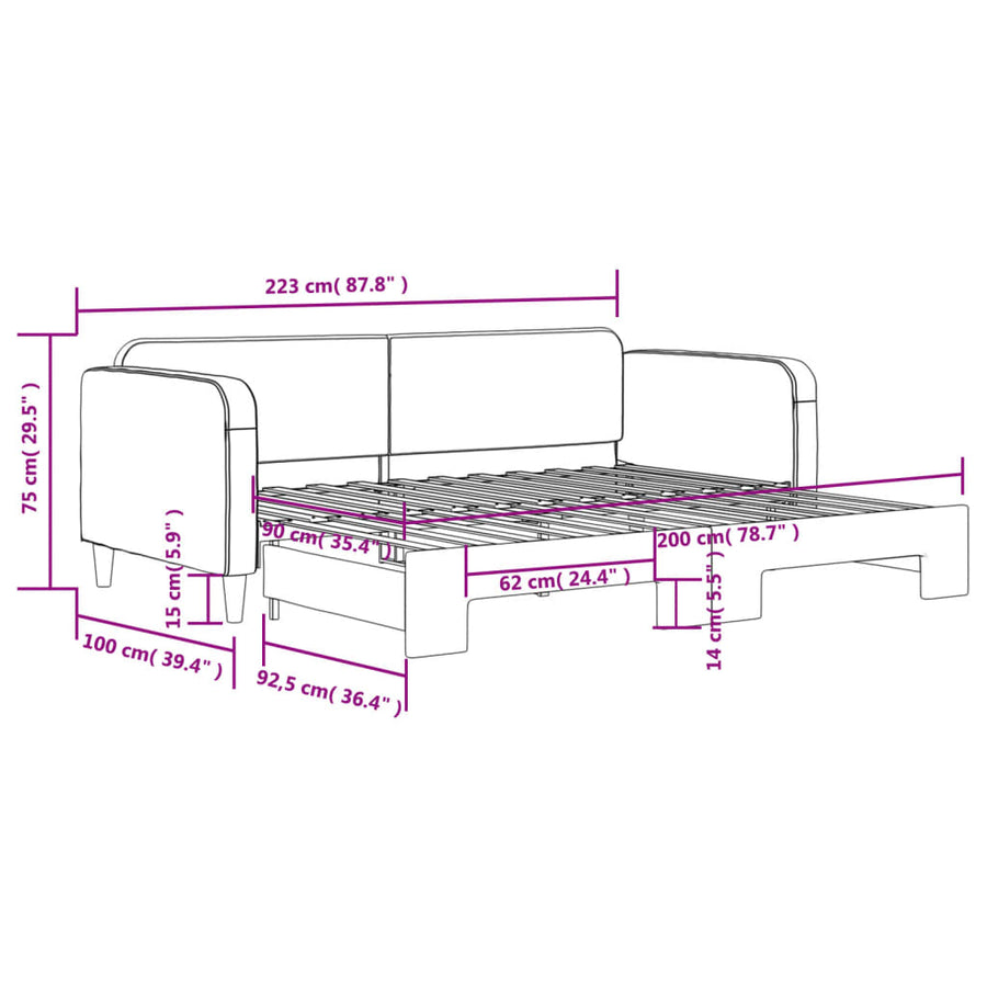 Slaapbank Stof 90 x 200 cm Zwart met onderschuifbed