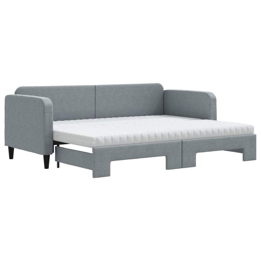 Slaapbank Onderschuifbed En Matrassen Stof 80 x 200 cm Lichtgrijs met onderschuifbed en matras