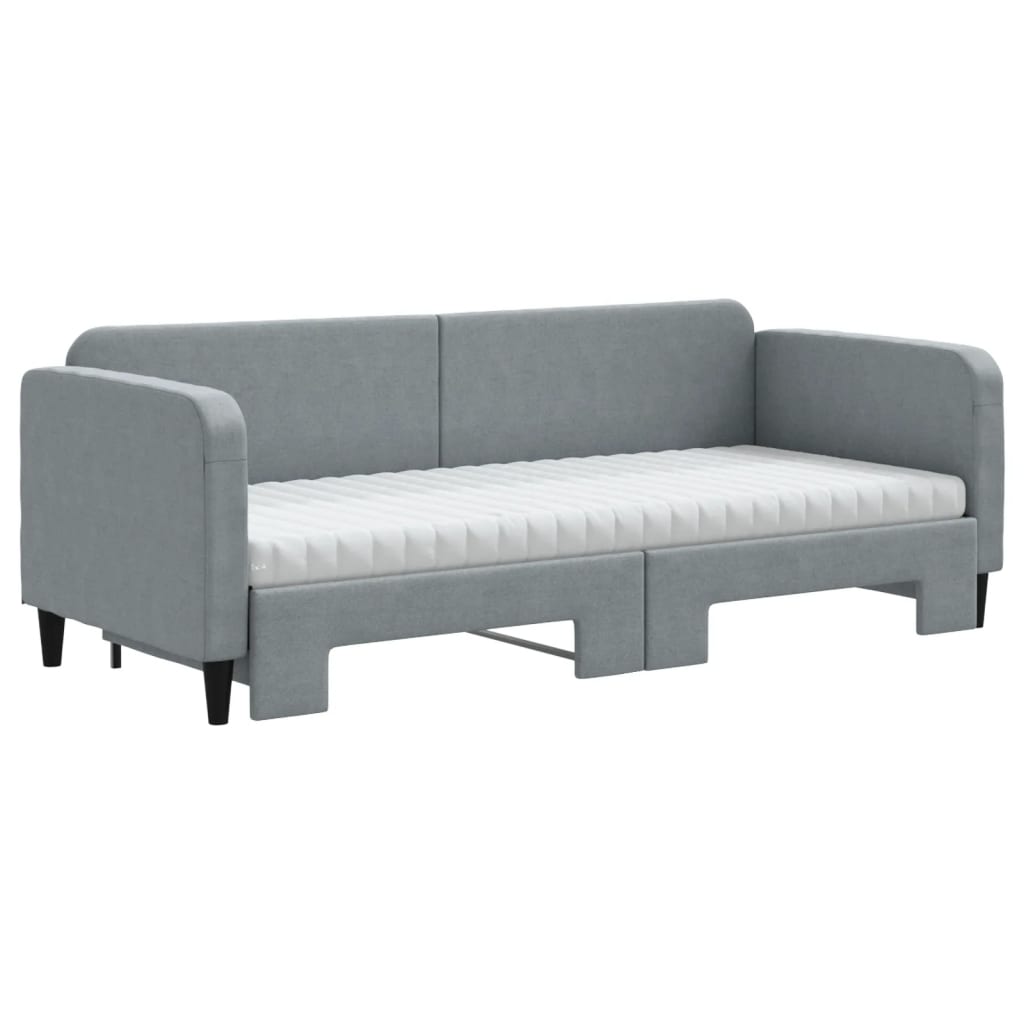 Slaapbank Onderschuifbed En Matrassen Stof 80 x 200 cm Lichtgrijs met onderschuifbed en matras