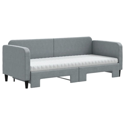 Slaapbank Onderschuifbed En Matrassen Stof 80 x 200 cm Lichtgrijs met onderschuifbed en matras