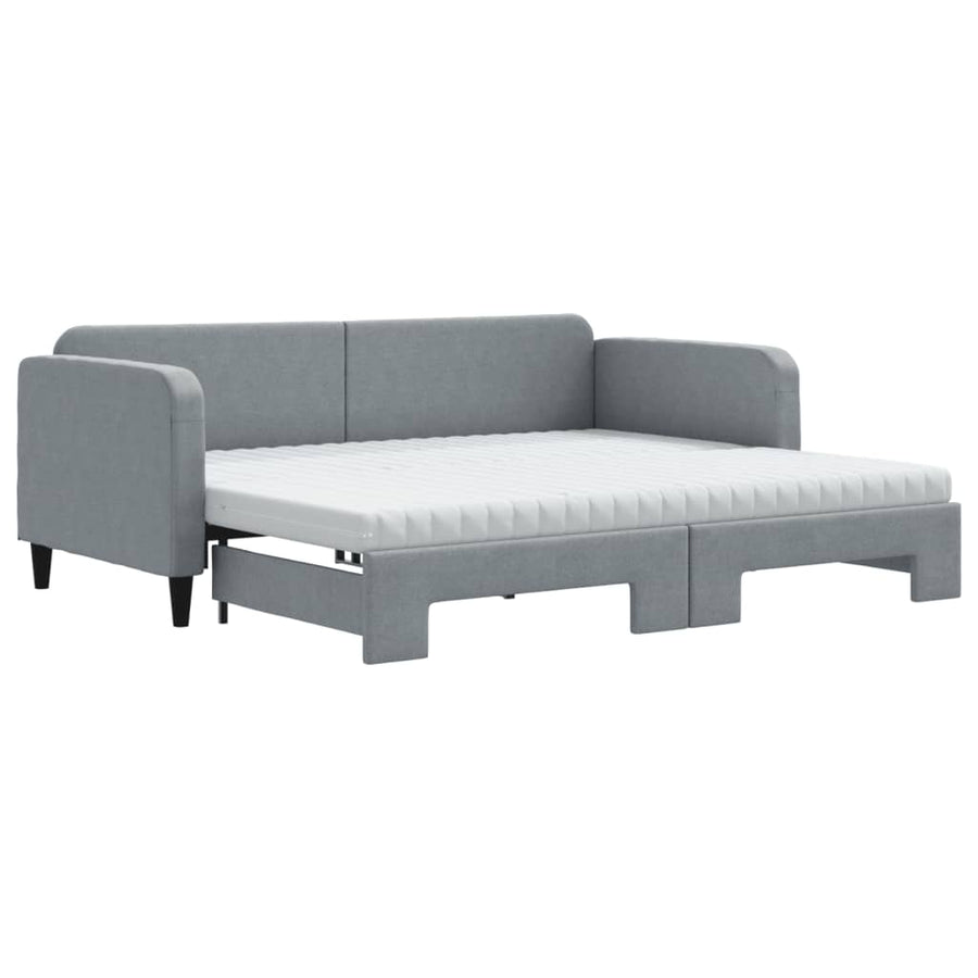 Slaapbank Onderschuifbed En Matrassen Stof 90 x 200 cm Lichtgrijs met onderschuifbed en matras