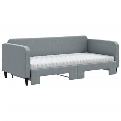 Slaapbank Onderschuifbed En Matrassen Stof 90 x 200 cm Lichtgrijs met onderschuifbed en matras